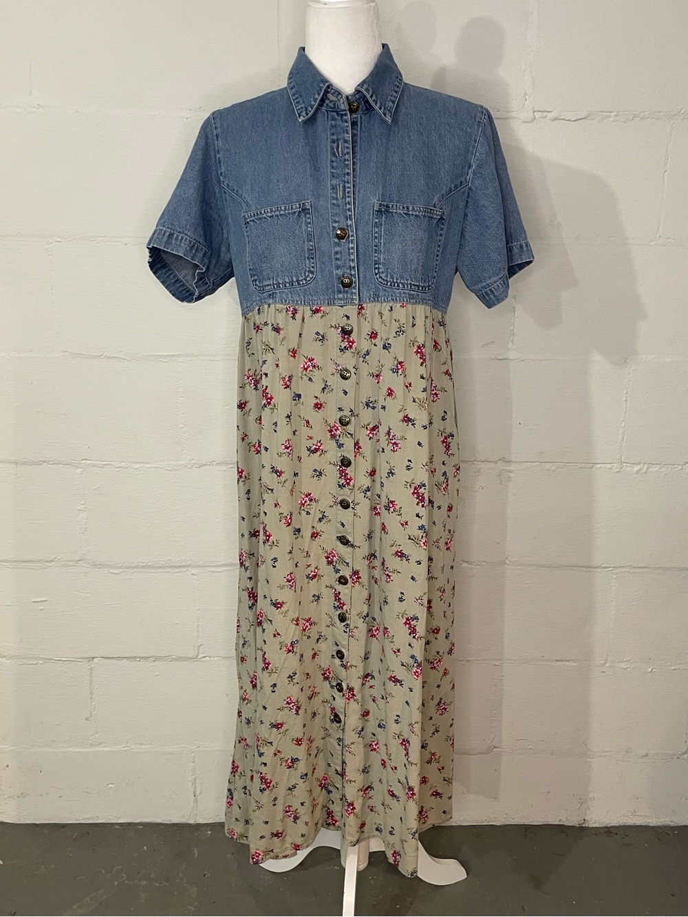 Cherokee Denim Bodice Floral Maxi Dress in Blue and Tan